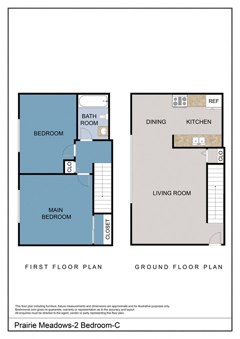 Floor plan for 2 beds, 1 bath, 746 sqft